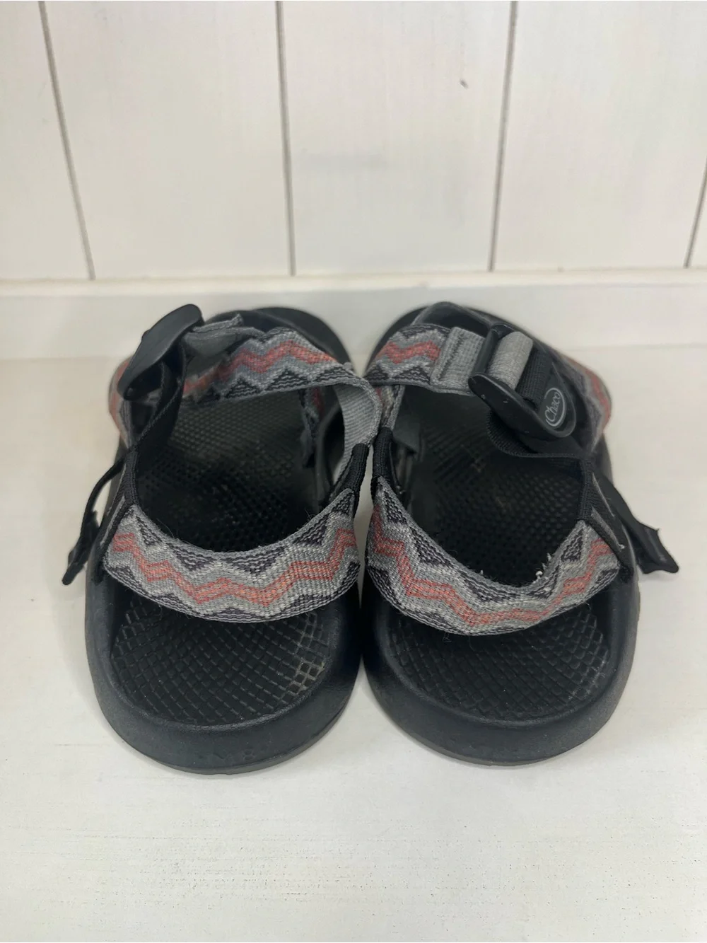 Chaco Men’s Black Sandals with Red-Gray Zigzag Straps